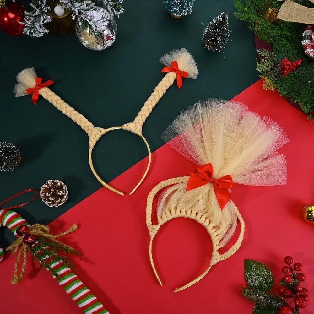 2 Pcs Christmas Headbands Blonde Pigtails with Red Bows for Holiday Party